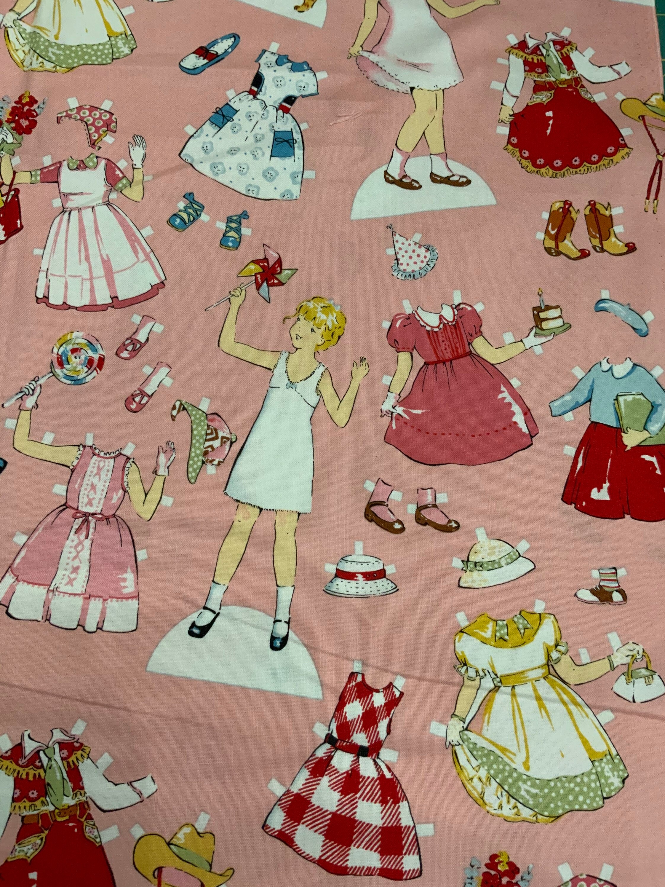 Paper Dolls Design Fabric on Pink Background by Sage Glenn for Etsy