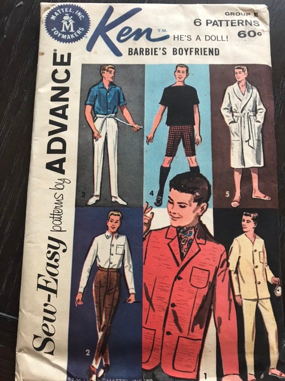 Original Vintage Ken Doll Clothing Sewing Pattern Group E By Advance Pattern Bever Used Factory Fold From 1962