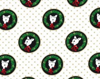 Hello My Dear! Fawn Laureates on white background fabric by Michael Miller /Cotton/ Sold by the half yard