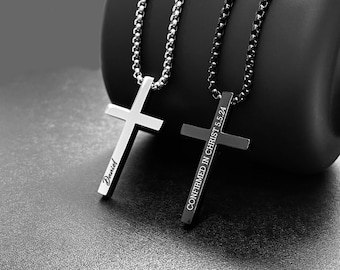 Stainless Steel Cross Pendant Necklace for Men | Engraved Cross | Minimalist Mens Personalized Jewelry