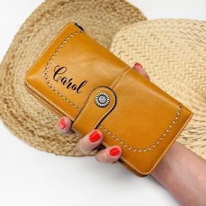 Cartera de cuero personalizada con RFID, cartera de cuero genuino grabada, regalo de aniversario para ella, esposa, novia, mujer, mamá, abuela