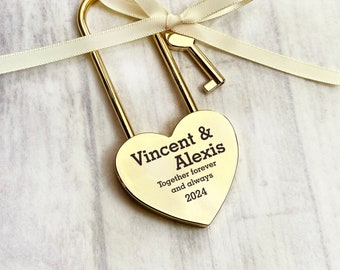 Personalized Heart Shaped Gold Love Lock Newlywed | Lock + Key Love Heart Lock | Valentines Gift for Her | Padlocks Bridge