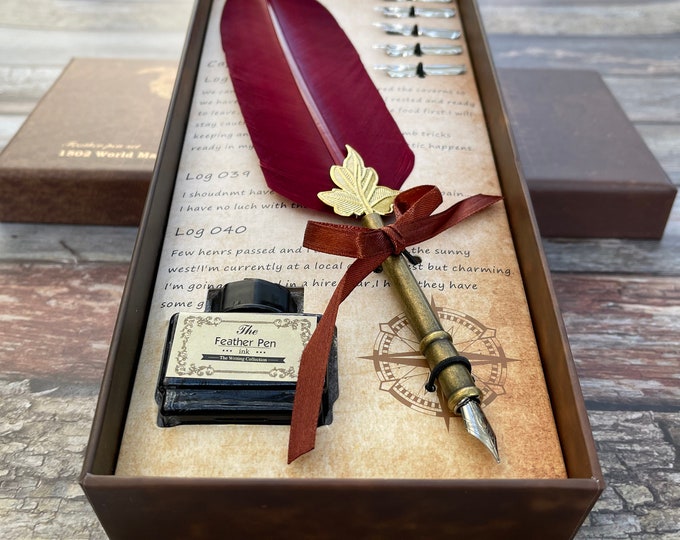 Personalized Red Feather Quill Pen Set, Custom Engraved Calligraphy Gift