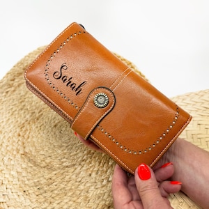 Cartera de cuero personalizada, regalos para propuesta de dama de honor, cumpleaños de mejor amiga, regalo personalizado para mujer, cartera de cuero plegable para ella.