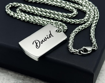 Personalized Polished Dog Tag Necklace for Men, Custom Engraved Military Style Pendant