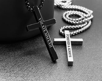 Engraved Cross Necklace Personalized Stainless Steel Cross Pendant - Mens Cross Charm Silver Necklace Boyfriend Gift for Him,