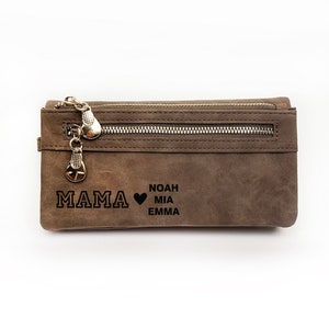 Cartera personalizada para mujer, cartera de gamuza marrón suave, regalo para el Día de la Madre, regalo personalizado para mamá, cartera plegable de cuero, regalo de cumpleaños para mamá.