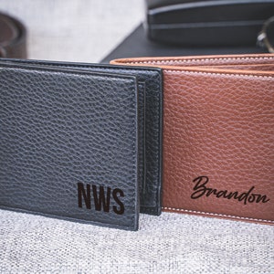 Cartera fina de cuero personalizada, cartera personalizada de cuero marrón grabada, regalo de aniversario para él, esposo, novio, hombres, padre, papá, hijo