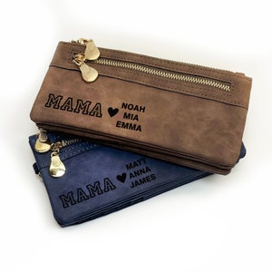 Cartera personalizada para mujer, cartera de gamuza marrón suave, regalo para el Día de la Madre, regalo personalizado para mamá, cartera plegable de cuero, regalo de cumpleaños para mamá.