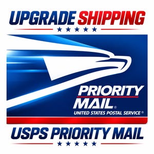 May include: A graphic featuring the text UPGRADE SHIPPING in blue and red, followed by the United States Postal Service eagle logo, the words PRIORITY MAIL, and the text USPS PRIORITY MAIL at the bottom, all accented with blue stars.