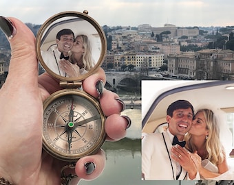 Engraved Wedding Photo Compass, Personalized Working Compass with Wedding or Engagement Photo, Engraved Your Message on Top and Back Compass