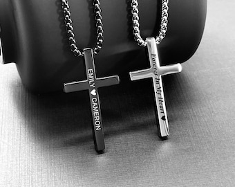 Men's Cross Necklace Personalized Cross Necklace for Men, Black, Silver Cross Pendant with Box Chain Necklace Boyfriend Husband Father~