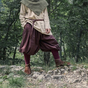 May include: A man wearing a brown hooded tunic and brown pants stands in a forest. He is looking off to the side.