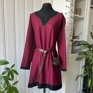 Dark Red & Black Viking Linen Tunic, with Hand Embroidery — Kirtle Tunic, Norse Costume, Medieval, LARP, Birka, Norse, Reenactment, Unisex