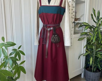 Merino Wool Viking Apron Dress: Dark Red Smokkr Costume
