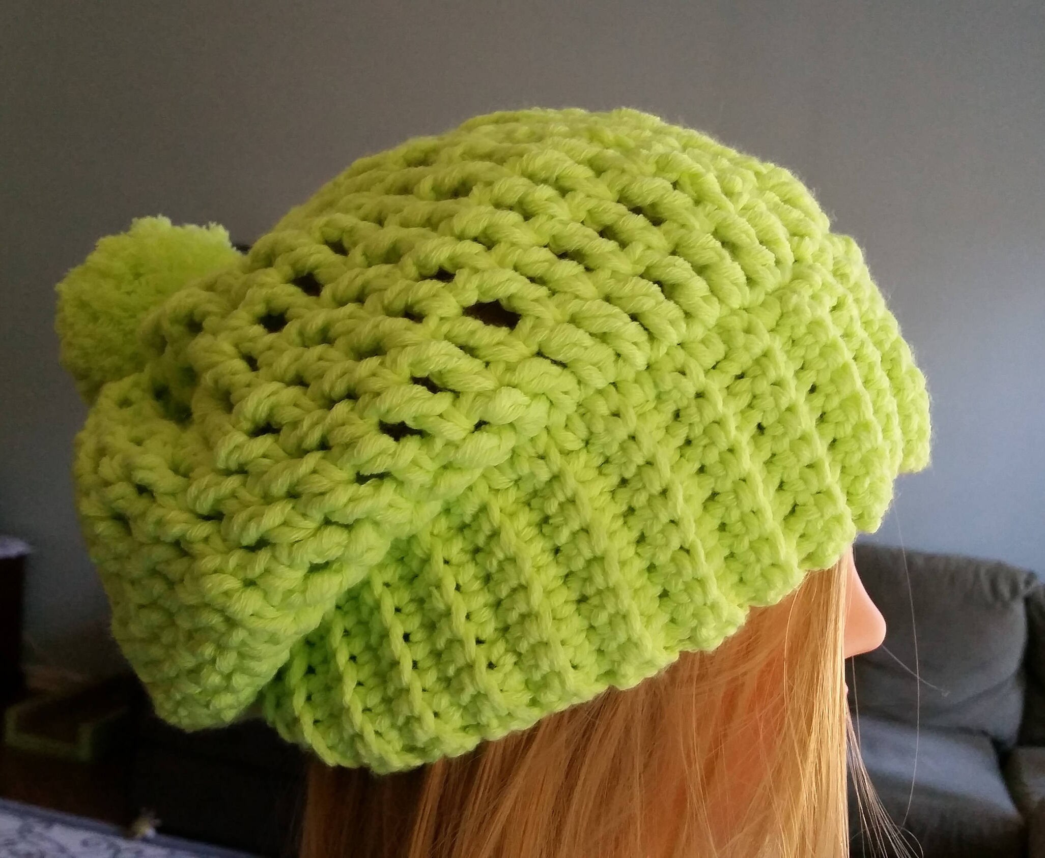 Handmade Green Crochet Slochy Pom Pom‎ Beanie Hat Green Crochet Beanie – Wool Pom Pom Hat – Handmade Textured  main image 2