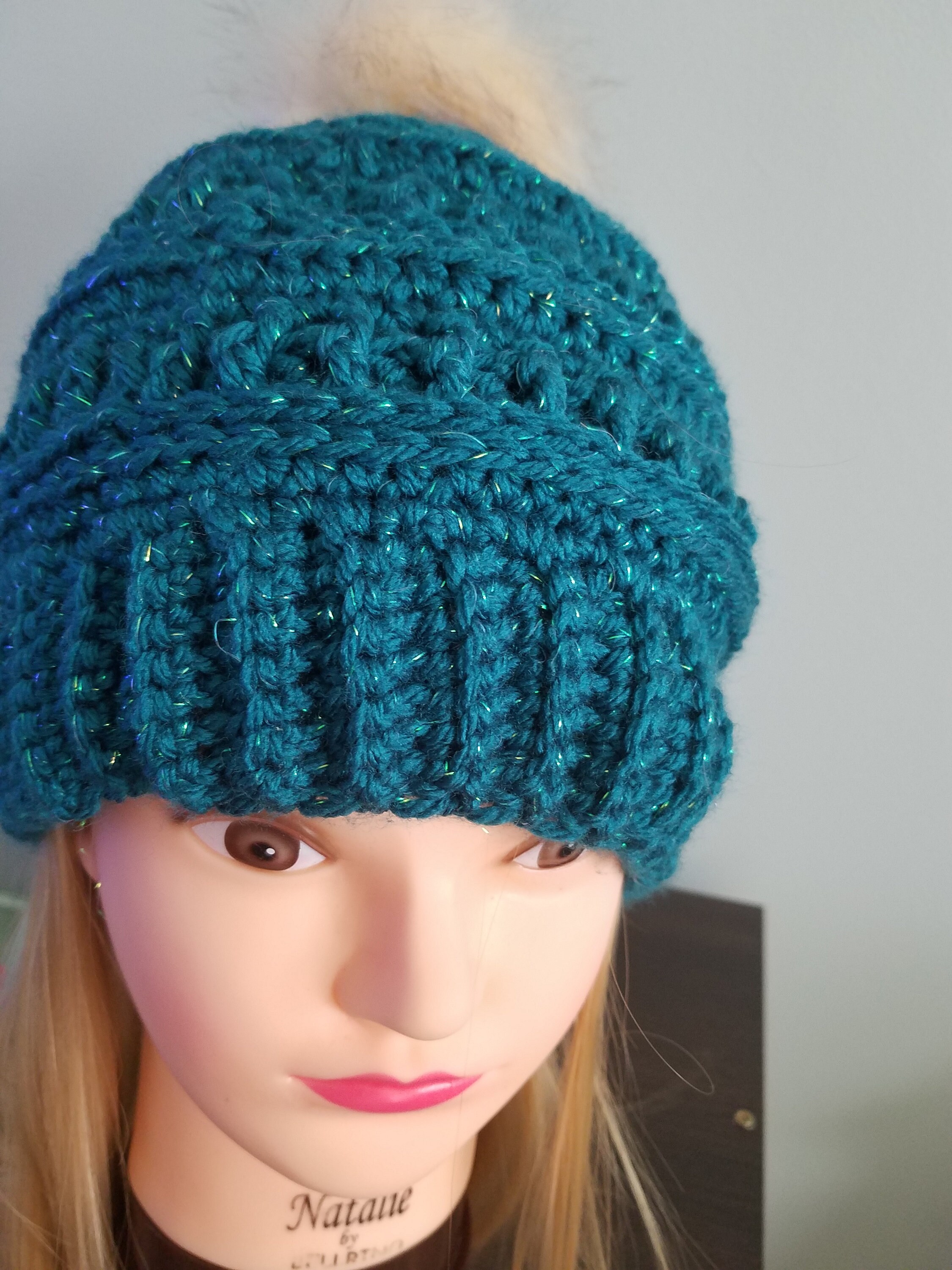 Handmade Green Crochet Slochy Pom Pom‎ Beanie Hat Green Crochet Beanie – Wool Pom Pom Hat – Handmade Textured  main image 3