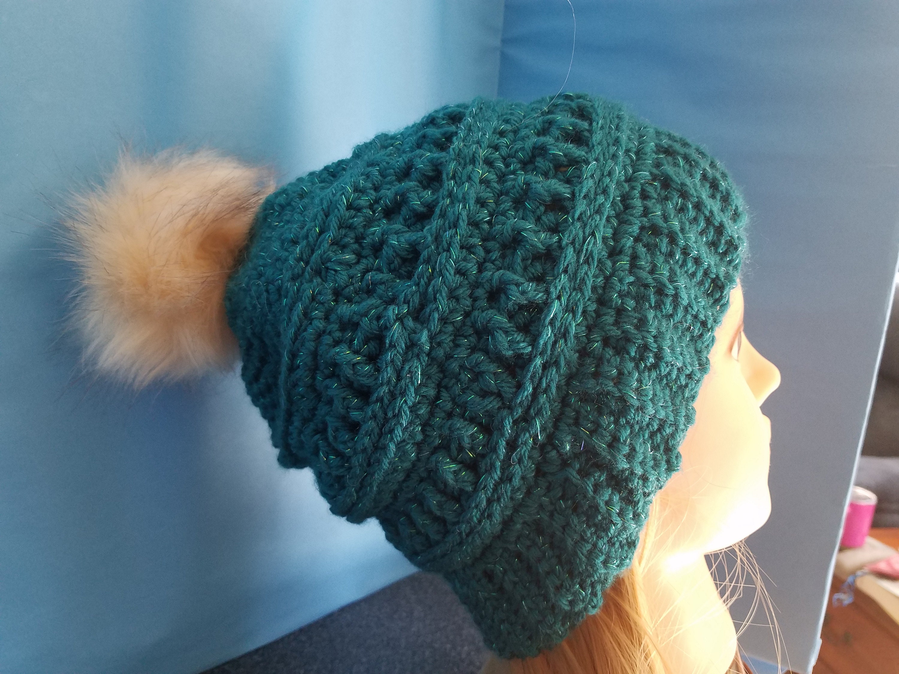 Handmade Green Crocheted Slouchy Beanie, Pom Pom Winter Hat  display picture 3