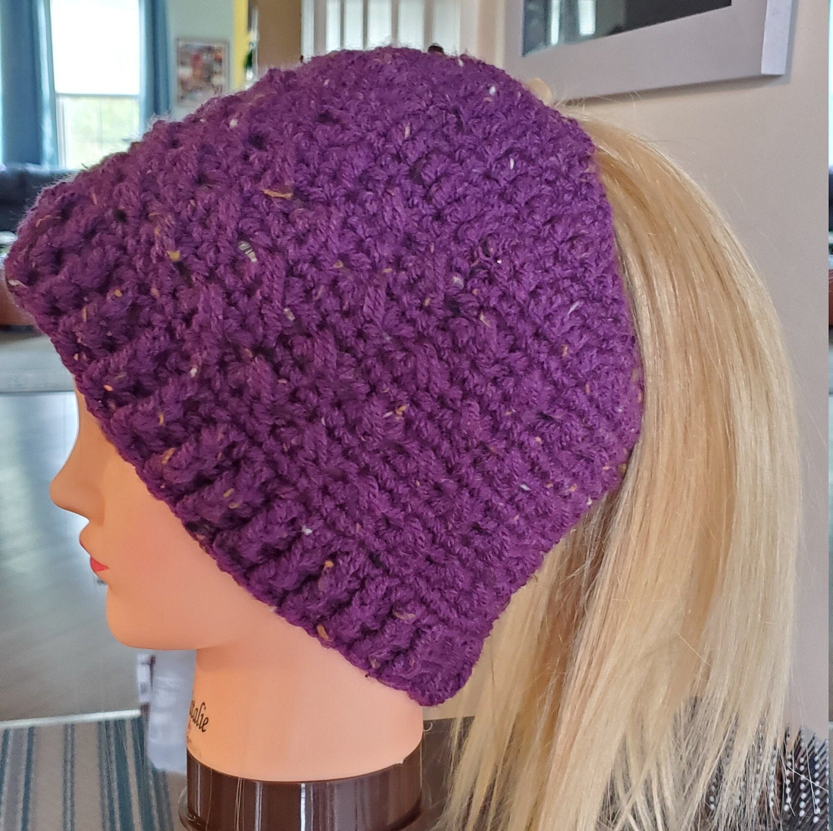 Handmade Hand Crafted Knit Messy Bun Hat adult/teen size purple pink Purple and blue plaid messy bun hats for sale main image 2