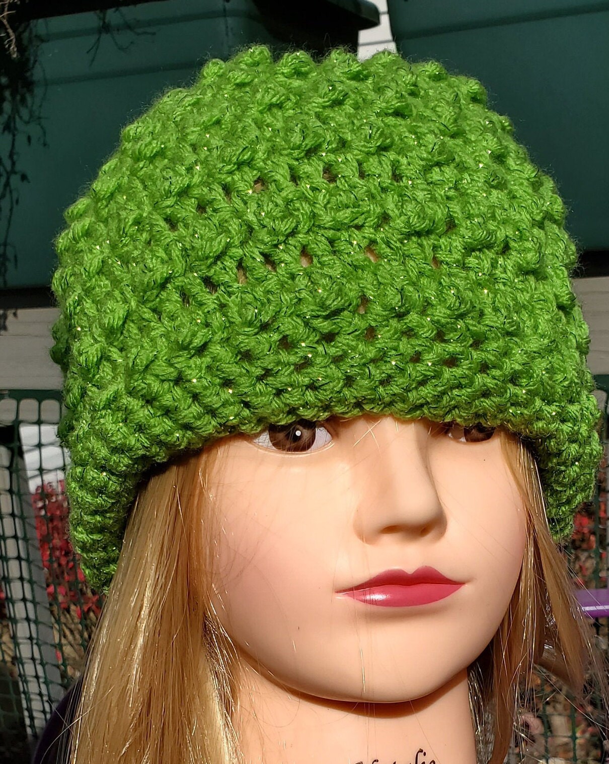 Hand made crocheted beanie NWOT. Dark Green and very stretchy!! Green Rainbow Crochet Flower Beanie. - Renate Kirkpatrick main image 3