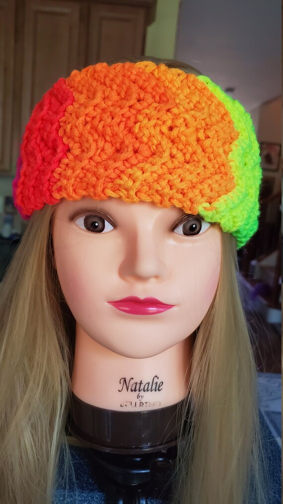 Handmade Neon Crocheted Womens Headband/Warmer & Mittens Set Handmade Crocheted Neon Womens Headband/Warmer And Mittens  main image 4