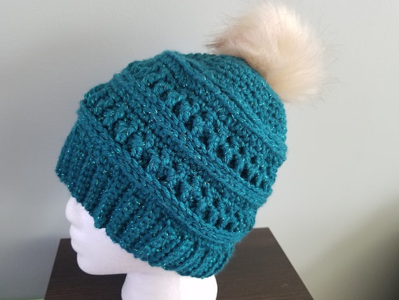 Handmade Green Crocheted Slouchy Beanie, Pom Pom Winter Hat  display picture 1