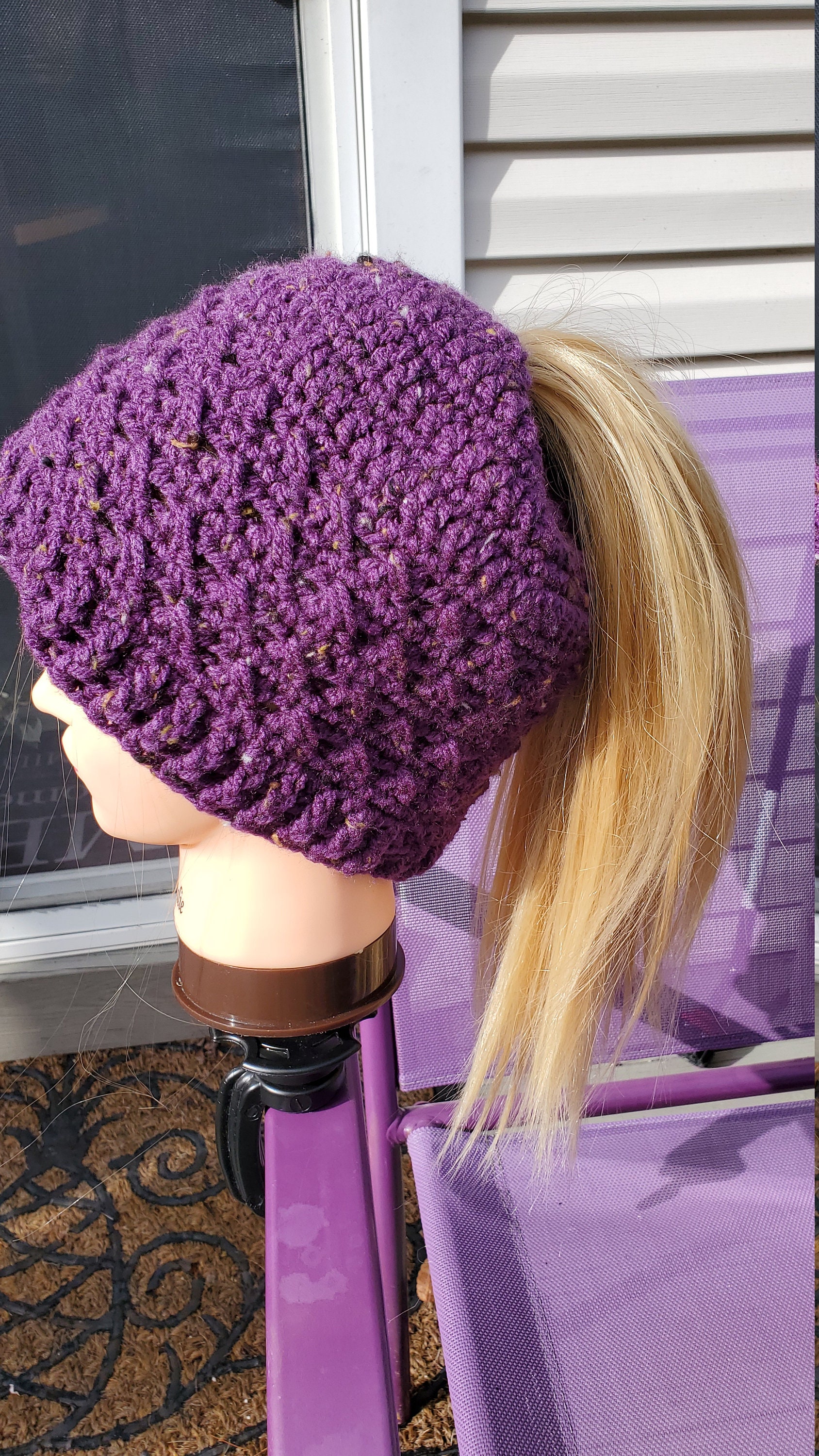 Handmade Hand Crafted Knit Messy Bun Hat adult/teen size purple/charcoal black Messy Bun Beanie - KB Looms Blog main image 2
