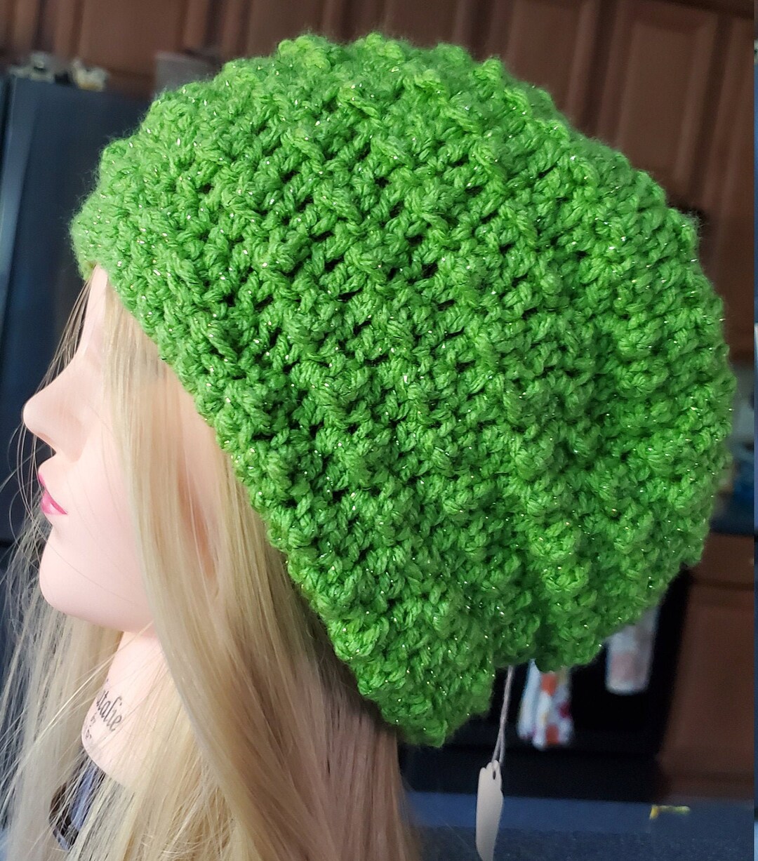 Hand Crocheted Green Hat, Sparkly Winter Beanie - Etsy display picture 1