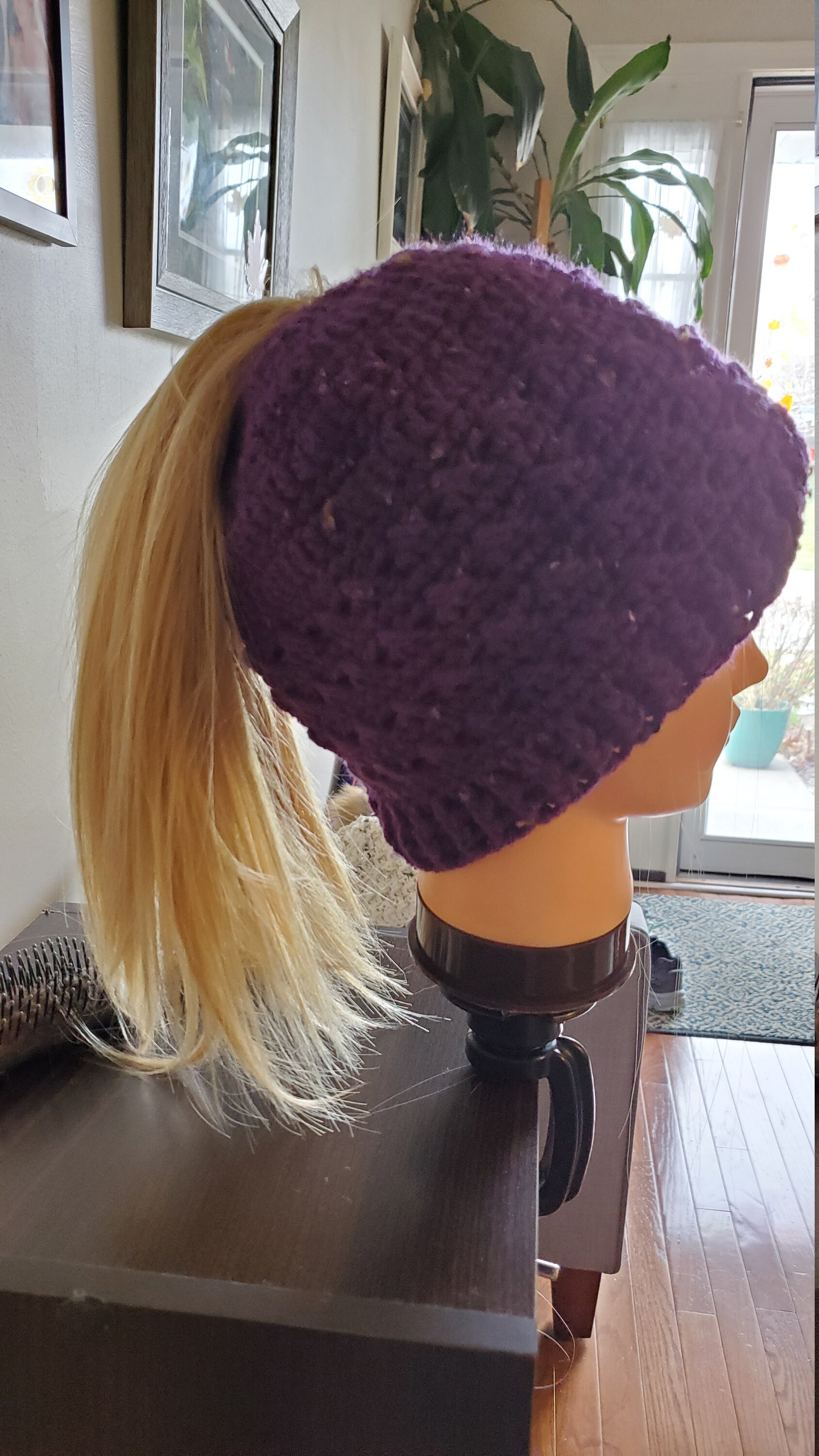 Hand Crocheted Messy Bun Hat, Purple Tweed Ponytail Beanie  display picture 2