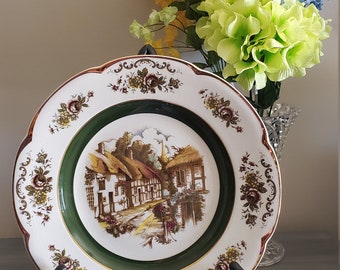 Vintage Wood & Sons Ascot Decorative Plate, Village Scene with Floral Gold Trim