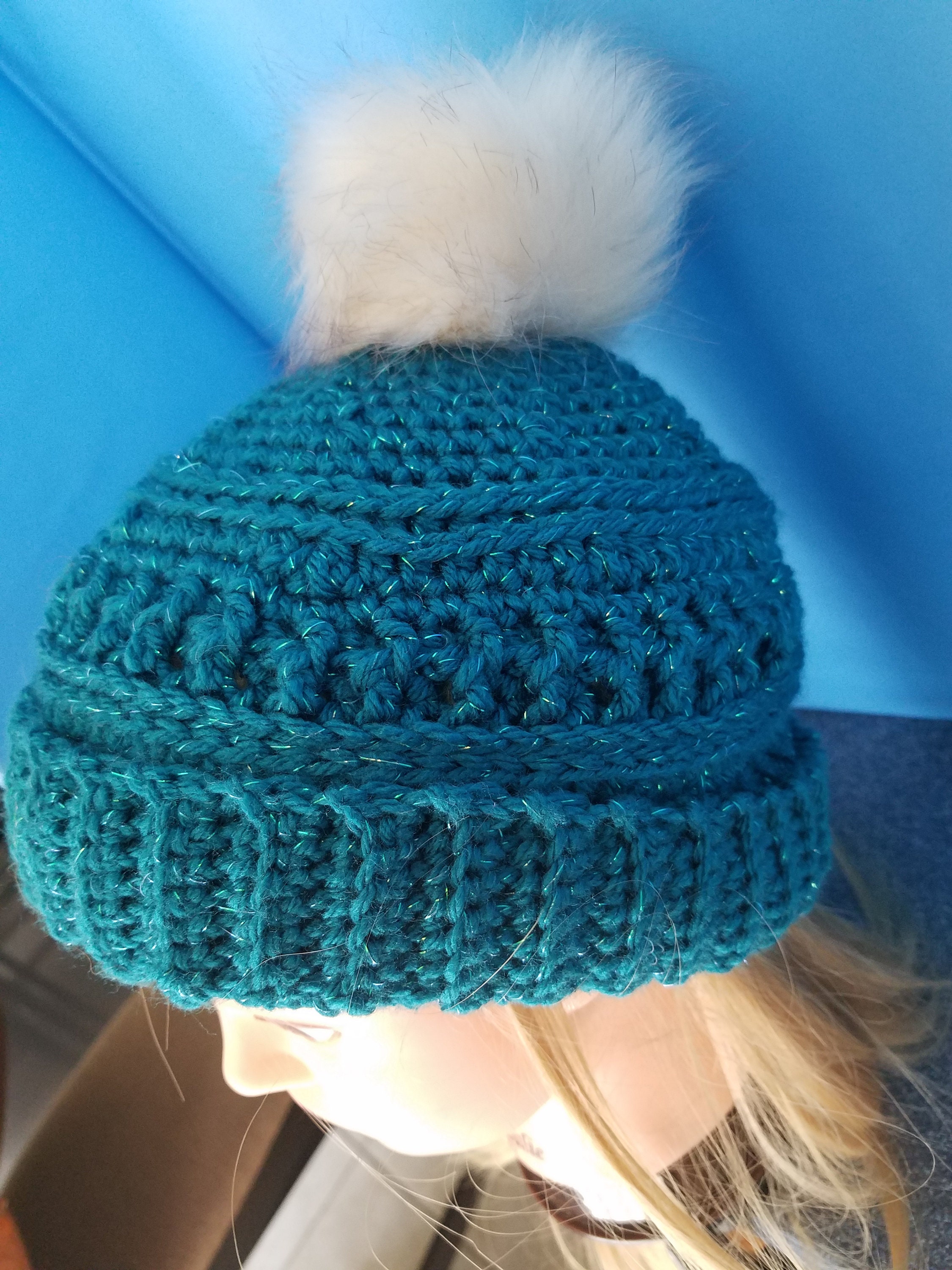 Handmade Green Crocheted Slouchy Beanie, Pom Pom Winter Hat  display picture 2