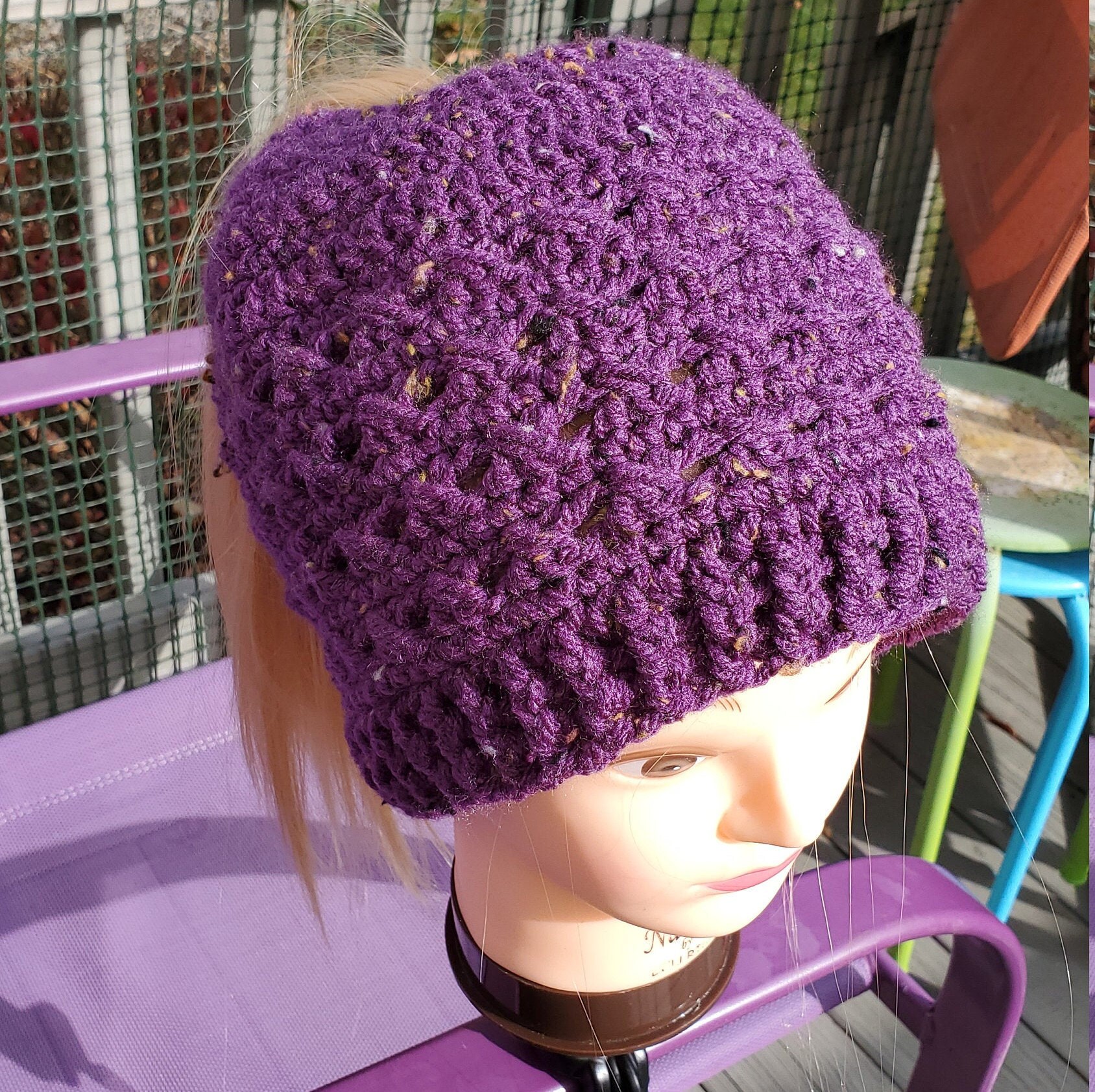 Handmade Hand Crafted Knit Messy Bun Hat adult/teen size purple/charcoal black Messy Bun Beanie - KB Looms Blog main image 3