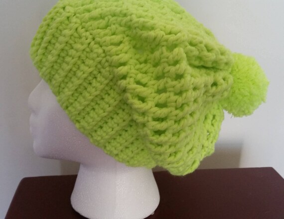 Hand Crocheted Slouchy Pom Pom Hat, Neon Green Adult Teen  display picture 3