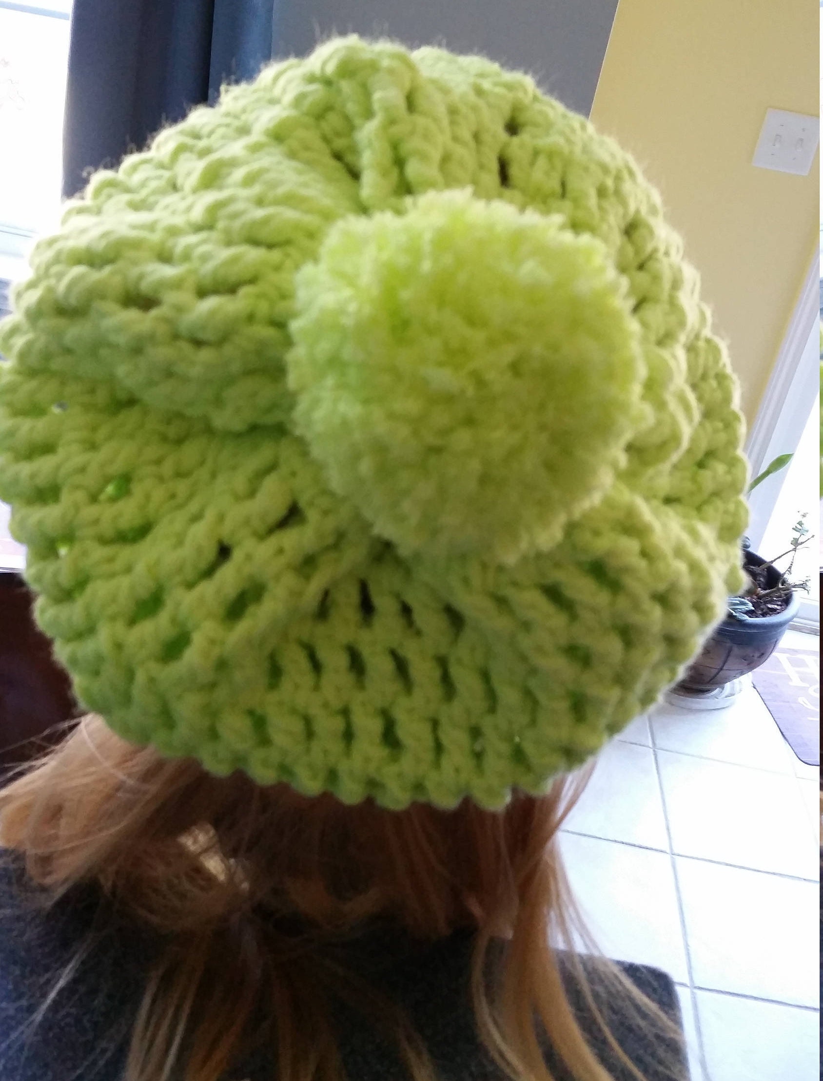 Handmade Green Crochet Slochy Pom Pom‎ Beanie Hat Green Crochet Beanie – Wool Pom Pom Hat – Handmade Textured  main image 4