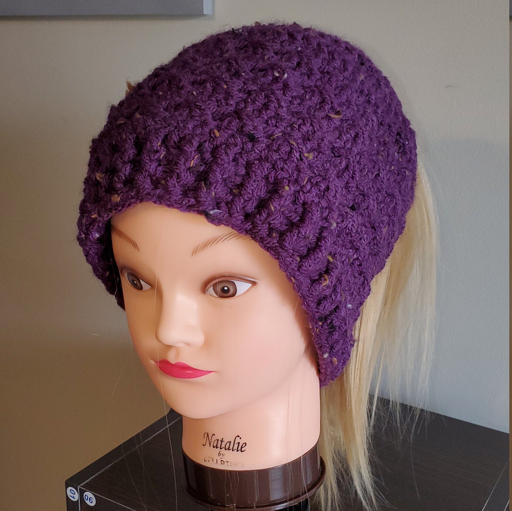 Hand Crocheted Messy Bun Hat, Purple Tweed Ponytail Beanie  display picture 1