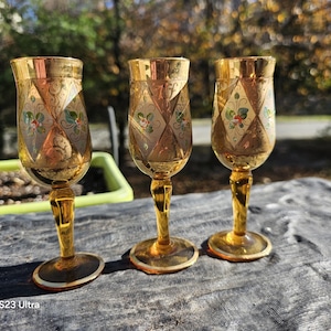 3 Vintage Italian Floral Liquor Glasses,   Murano gold floral cordials.