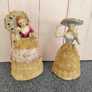 Metasco Figurines, Two Vintage Ladies in Dresden lace  one with parosol both with hats, Vintage Dresden lace figurines