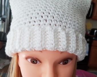 Crocheted Cat Ear Beanie, Sparkly White Knit Hat, Teen/Child Size