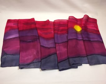 Hand painted silk scarf, purple silk scarf, blue silk scarf, sunset scarf