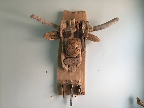 Unique Driftwood Bull Head Key Rack, Coastal Decor