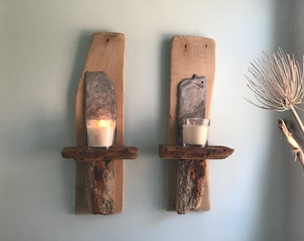 Coppia di applique portacandele in legno di mare, decorazione in stile costiero