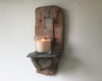 Driftwood and Slate Candle Sconce 3 : Coastal Inspired Home Decor