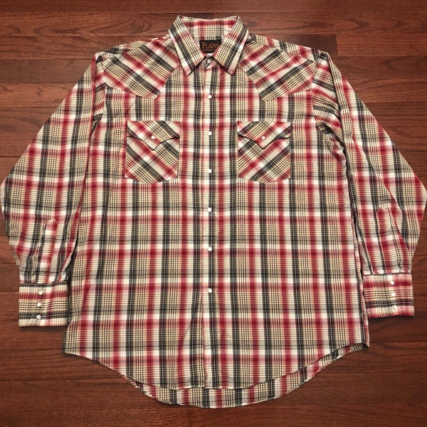 Large vintage Plains Western Wear pearl snap button up shirt men's red white black plaid oxford cowboy ranch E