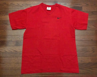 Large 90 s Nike Men s V neck T Shirt Red Black Embroidered