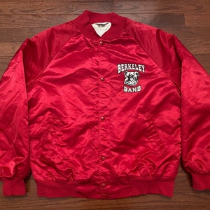 Large 80&#39;s Berkeley Bulldogs Band satin snap jacket men&#39;s red white black  vintage 1980&#39;s West Ark coat made in the USA E