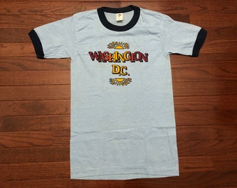 NEW Small 80's Washington D.C. men's ringer T Shirt light blue red orange sun vintage 1980's Tee Jays tourist Tee E