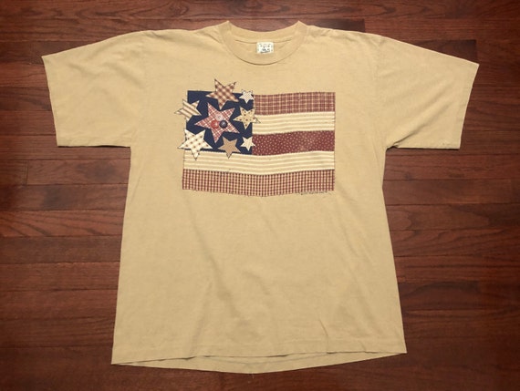 XL 1994 American Flag patchwork print T shirt tan… - image 1