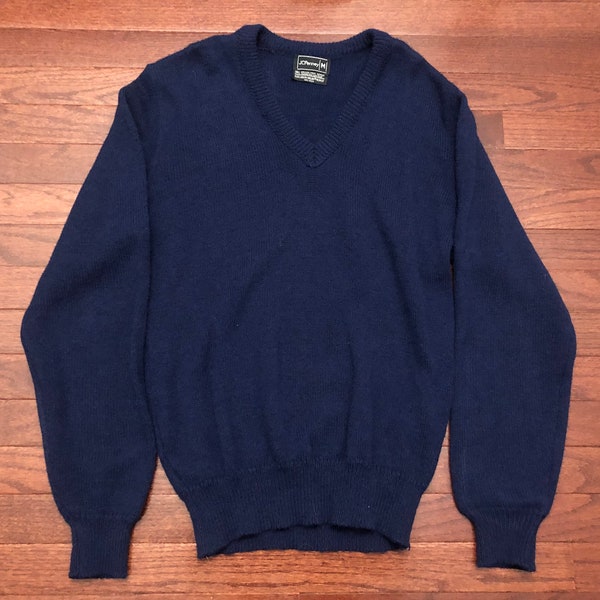 Medium 80's JCPenney V-neck sweater men's dark blue vintage 1980's virgin acrylic E