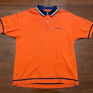 Medium 90&#39;s Chaps Ralph Lauren polo shirt men&#39;s orange blue white vintage 1990&#39;s streetwear spell out E