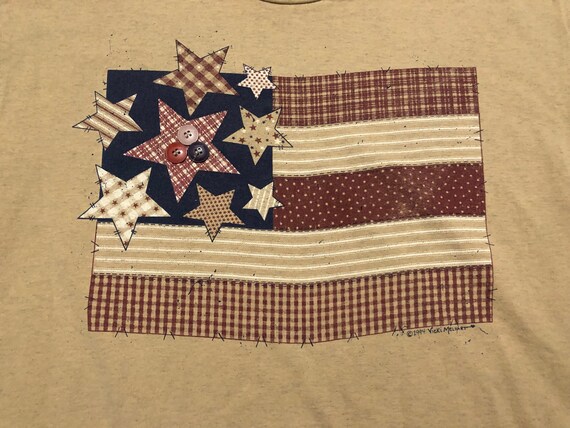 XL 1994 American Flag patchwork print T shirt tan… - image 2